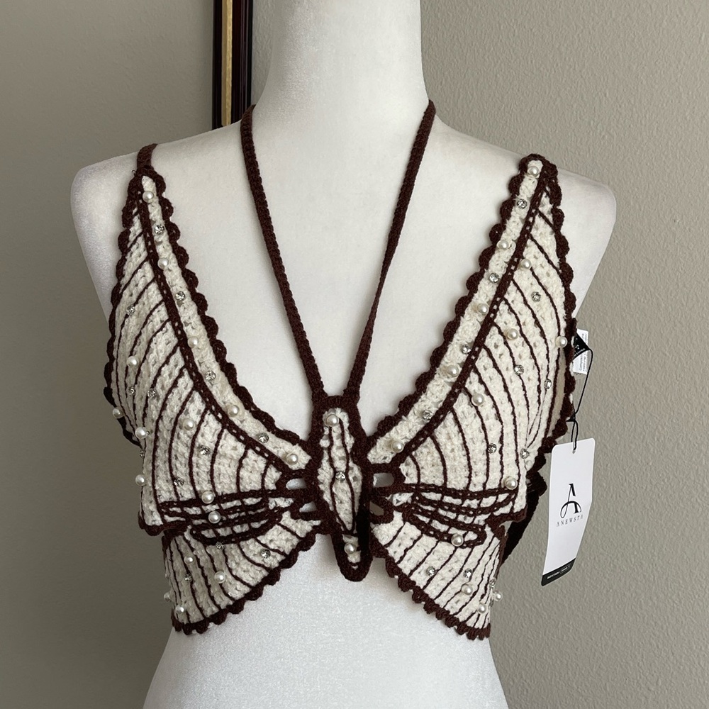 Crocheted Pearl-Embellished Halter Top in Cream & Chocolate Size S
